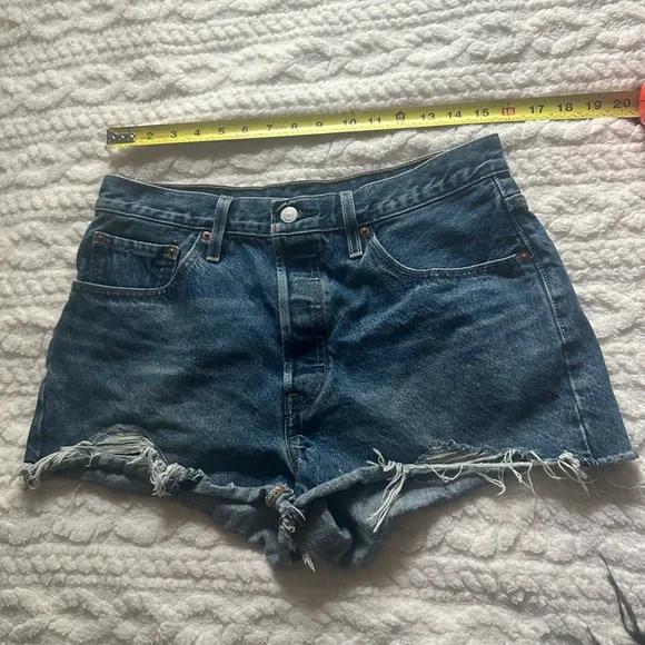 Classic High-Rise Distressed Denim Shorts - Blue - Picture 5 of 9